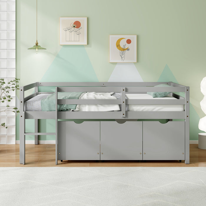 Twin Size Low Loft Bed with 3 Drawers with Ladder and Full-length Guardrails-Gray