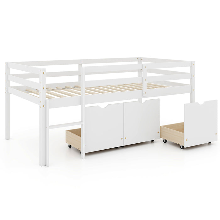 Twin Size Low Loft Bed with 3 Drawers with Ladder and Full-length Guardrails-White