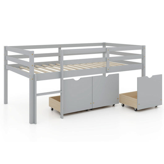 Twin Size Low Loft Bed with 3 Drawers with Ladder and Full-length Guardrails-Gray