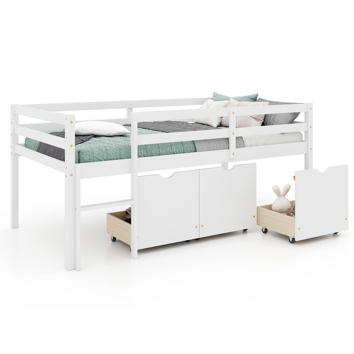 Twin Size Low Loft Bed with 3 Drawers with Ladder and Full-length Guardrails-White