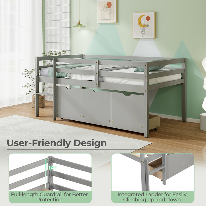 Twin Size Low Loft Bed with 3 Drawers with Ladder and Full-length Guardrails-Gray