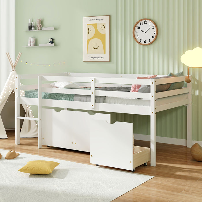 Twin Size Low Loft Bed with 3 Drawers with Ladder and Full-length Guardrails-White