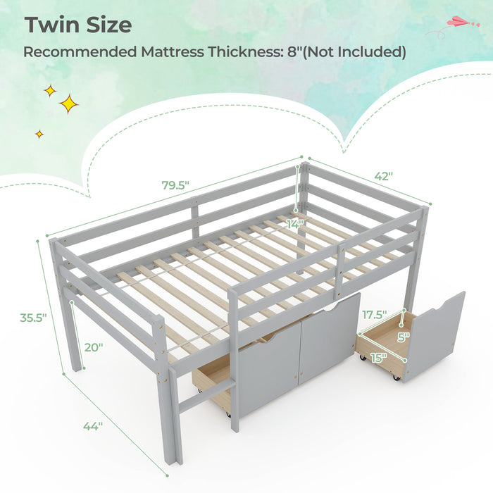 Twin Size Low Loft Bed with 3 Drawers with Ladder and Full-length Guardrails-Gray