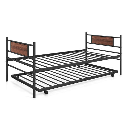 Twin Size Metal Daybed with Trundle and Wood Grain Headboard