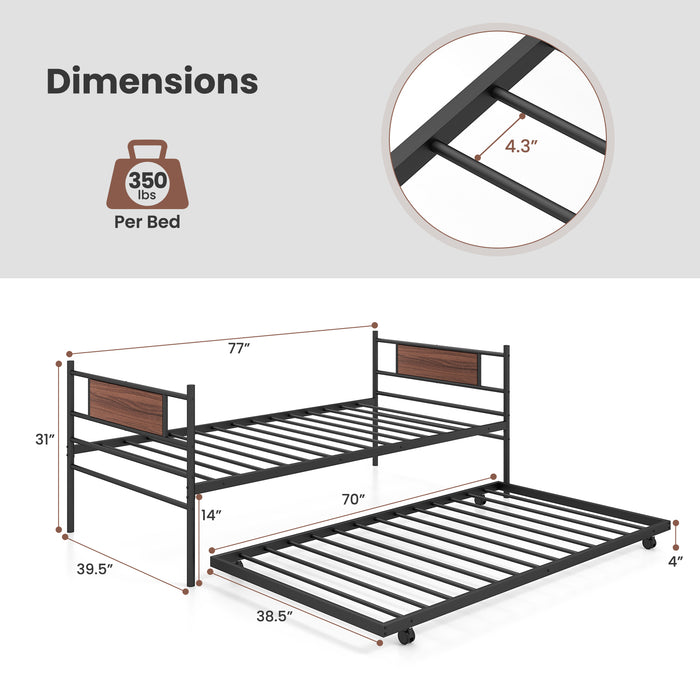 Twin Size Metal Daybed with Trundle and Wood Grain Headboard