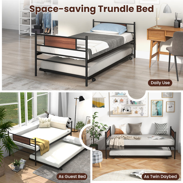 Twin Size Metal Daybed with Trundle and Wood Grain Headboard