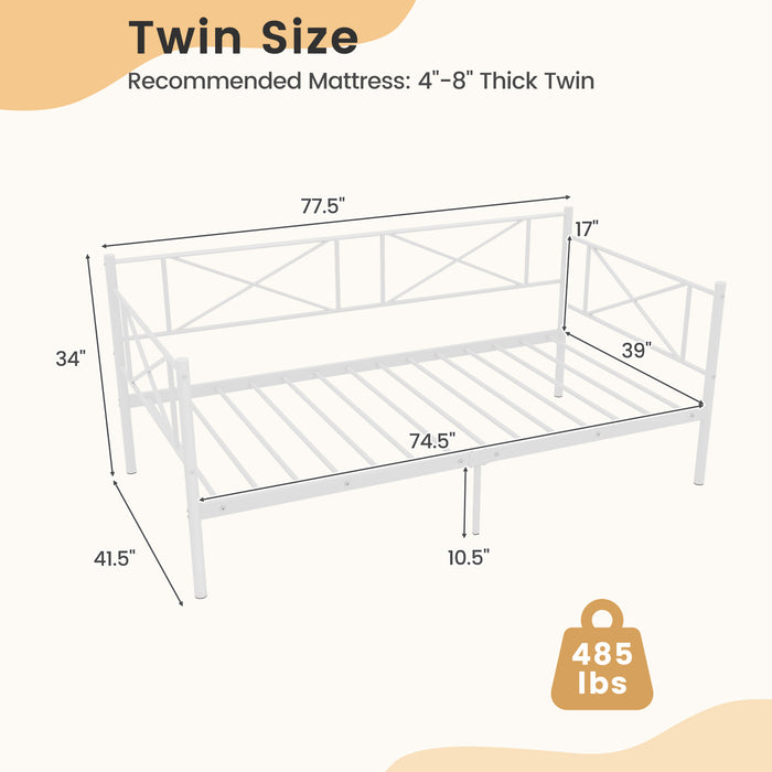 Twin Size Platform Bed with Heavy-duty Metal Slat Support-White