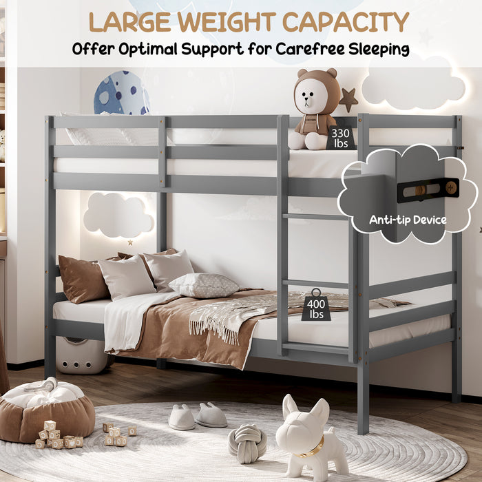 Twin Size Sturdy Wooden Bunk Beds with Ladder and Safety Rail-Gray