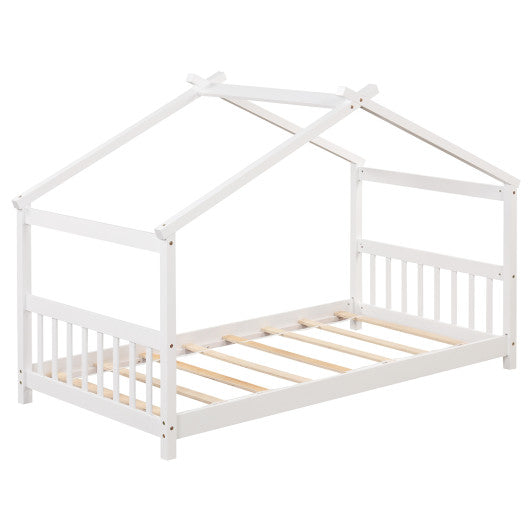 Twin Size Wooden House Bed with Roof-White