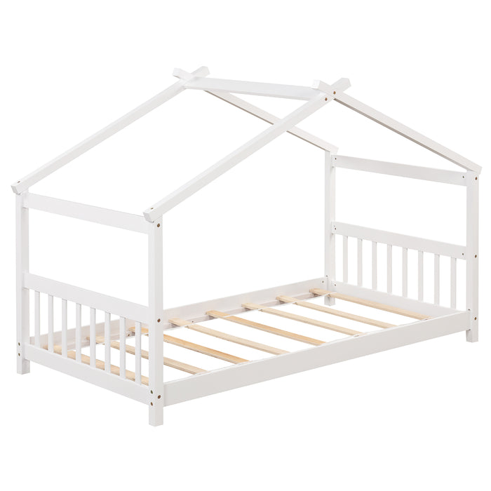 Twin Size Wooden House Bed with Roof-White