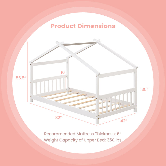 Twin Size Wooden House Bed with Roof-White