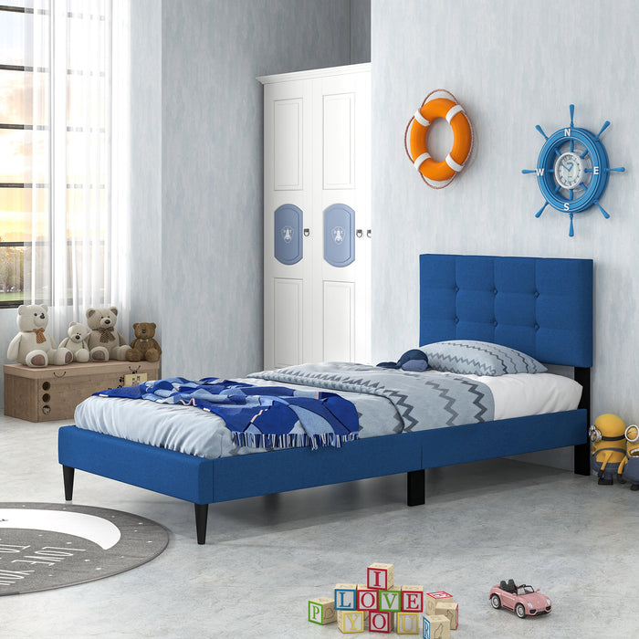 Twin Size Upholstered Platform Bed with Button Tufted Headboard-Blue