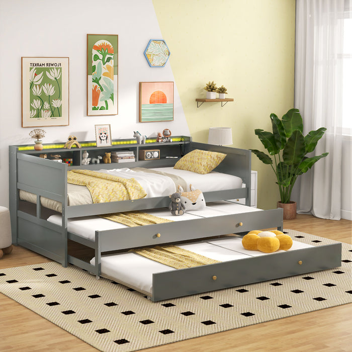 Twin XL Captain Bed with 2 Twin Trundle Beds and 3 Storage Cubbies-Gray