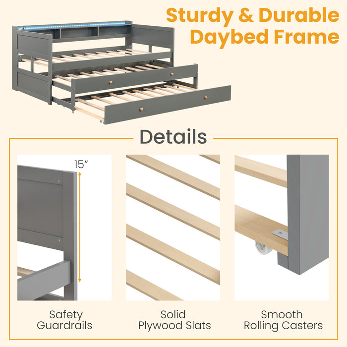 Twin XL Captain Bed with 2 Twin Trundle Beds and 3 Storage Cubbies-Gray