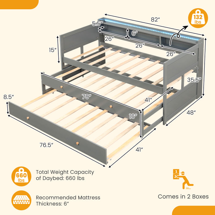 Twin XL Captain Bed with 2 Twin Trundle Beds and 3 Storage Cubbies-Gray