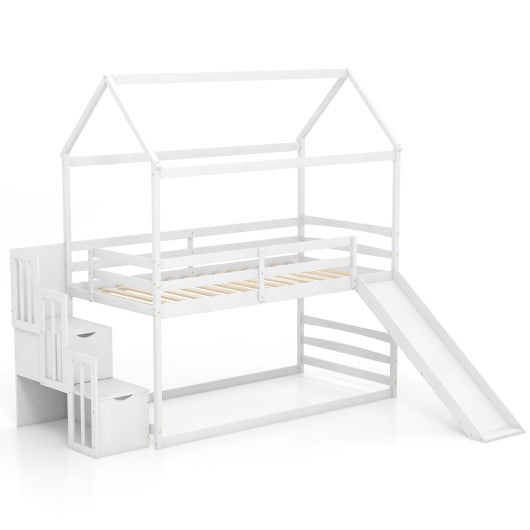 Twin over Twin Bunk Bed with Slide and 2-Step Storage Staircase-White