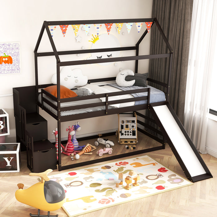 Twin over Twin Bunk Bed with Slide and 2-Step Storage Staircase-Espresso