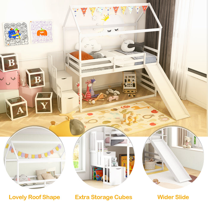 Twin over Twin Bunk Bed with Slide and 2-Step Storage Staircase-White