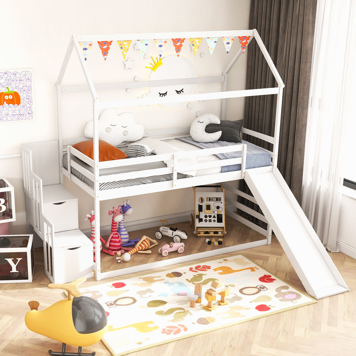 Twin over Twin Bunk Bed with Slide and 2-Step Storage Staircase-White