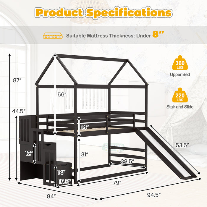 Twin over Twin Bunk Bed with Slide and 2-Step Storage Staircase-Espresso