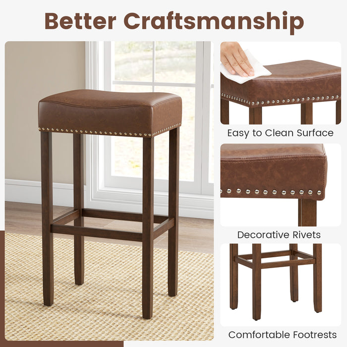 Upholstered Bar Stools Set of 2 with Footrests for Counter-Brown