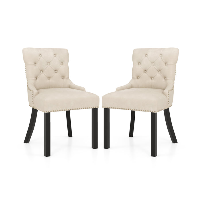 Upholstered Dining Chairs Set of 2 Tufted Wingback Chairs with Rubber Wood Legs-Beige