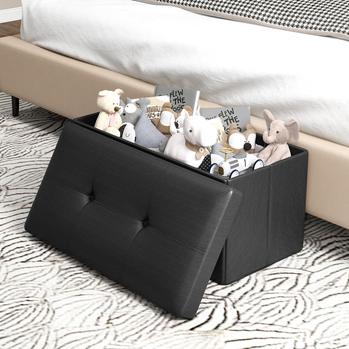 Upholstered Rectangle Footstool with PVC Leather Surface and Storage Function-Black