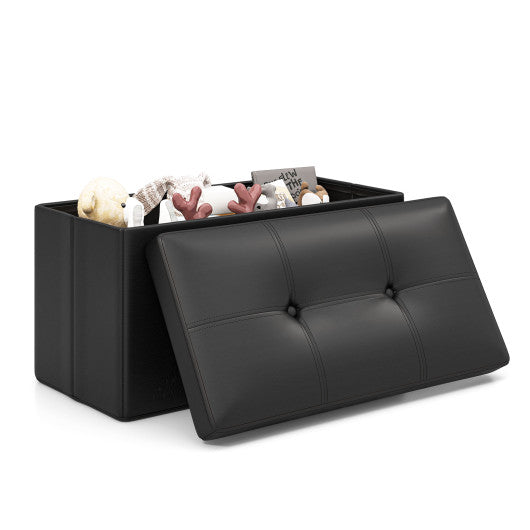 Upholstered Rectangle Footstool with PVC Leather Surface and Storage Function-Black