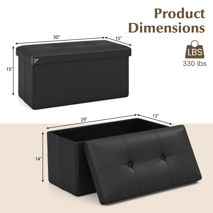 Upholstered Rectangle Footstool with PVC Leather Surface and Storage Function-Black