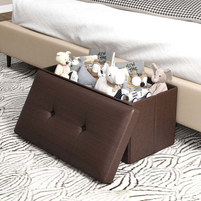 Upholstered Rectangle Footstool with PVC Leather Surface and Storage Function-Brown