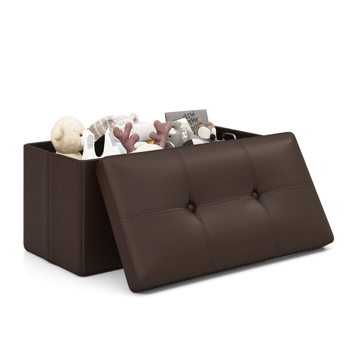 Upholstered Rectangle Footstool with PVC Leather Surface and Storage Function-Brown