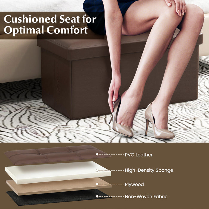 Upholstered Rectangle Footstool with PVC Leather Surface and Storage Function-Brown