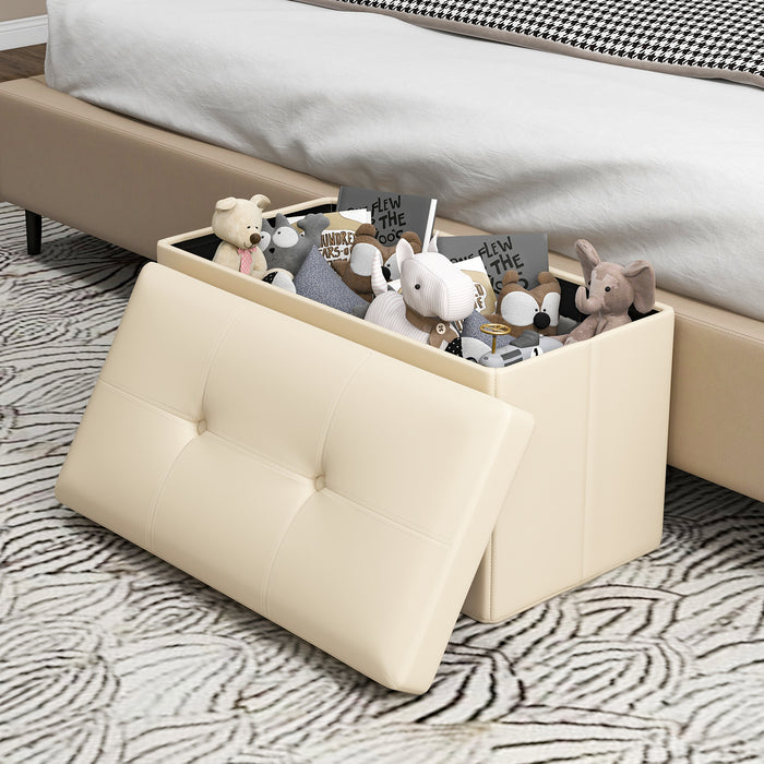 Upholstered Rectangle Footstool with PVC Leather Surface and Storage Function-White