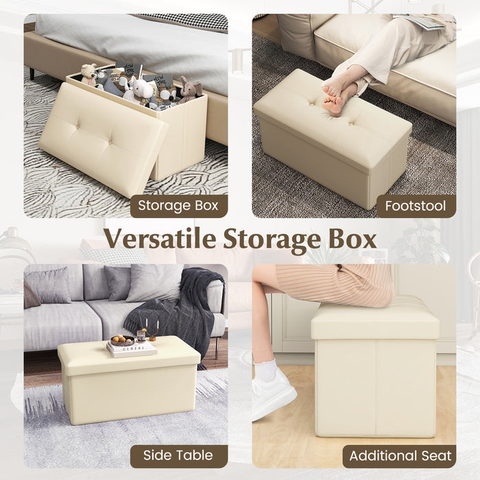 Upholstered Rectangle Footstool with PVC Leather Surface and Storage Function-White