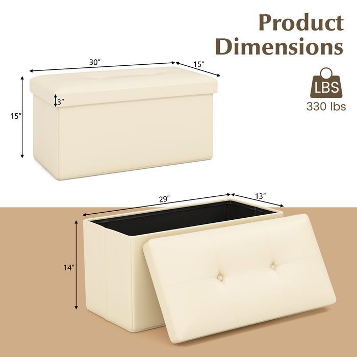 Upholstered Rectangle Footstool with PVC Leather Surface and Storage Function-White