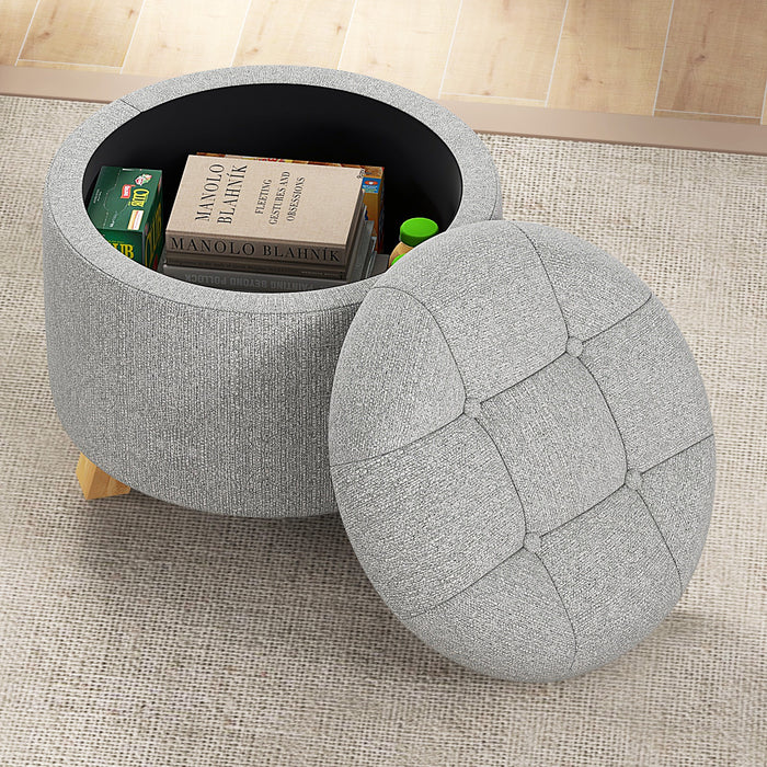 Upholstered Round Ottoman with Solid Rubber Feet-Gray