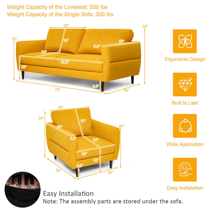 2 Pieces Upholstered Sofa Set with Removable Cushion Covers-Yellow