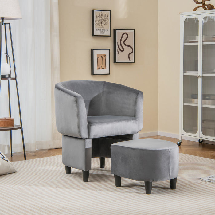 Upholstered Velvet Barrel Chair with Ottoman-Grey