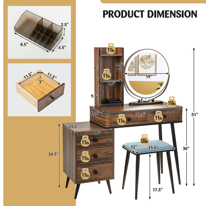 Vanity Table Set with 3-Color Lighted Mirror and Cushioned Stool-Rustic Brown