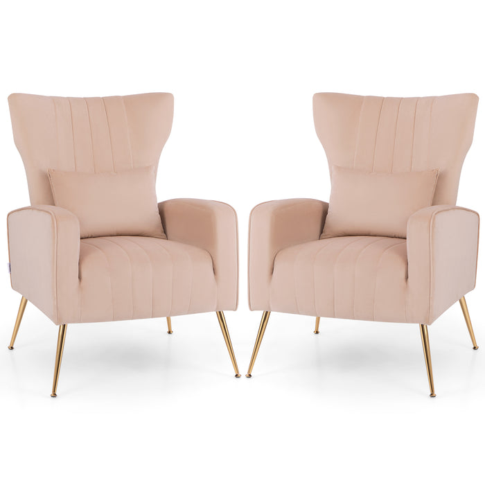 Velvet Upholstered Wingback Chair with Lumbar Pillow and Golden Metal Legs-Pink