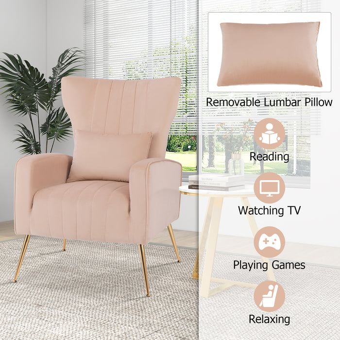 Velvet Upholstered Wingback Chair with Lumbar Pillow and Golden Metal Legs-Pink