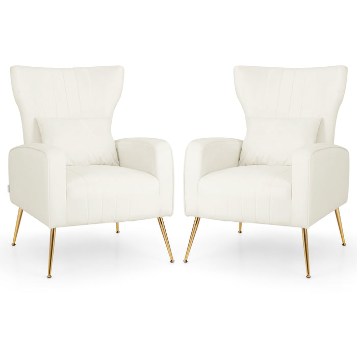 Velvet Upholstered Wingback Chair with Lumbar Pillow and Golden Metal Legs-White