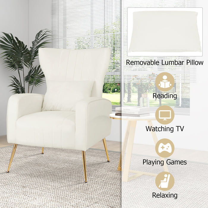 Velvet Upholstered Wingback Chair with Lumbar Pillow and Golden Metal Legs-White