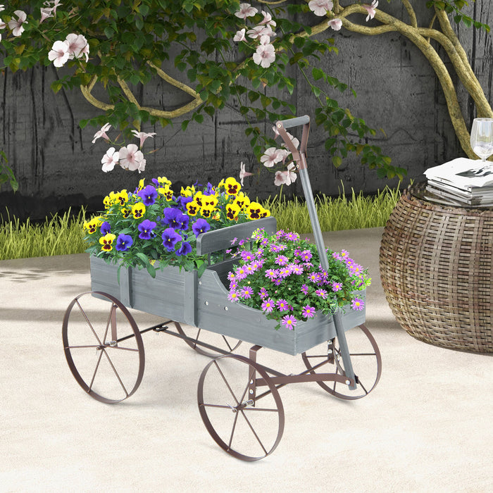 Wooden Wagon Plant Bed with Metal Wheels for Garden Yard Patio-Gray