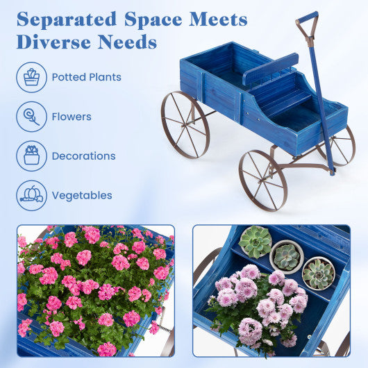 Wooden Wagon Plant Bed with Metal Wheels for Garden Yard Patio-Blue