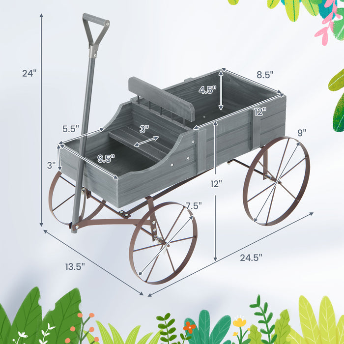 Wooden Wagon Plant Bed with Metal Wheels for Garden Yard Patio-Gray