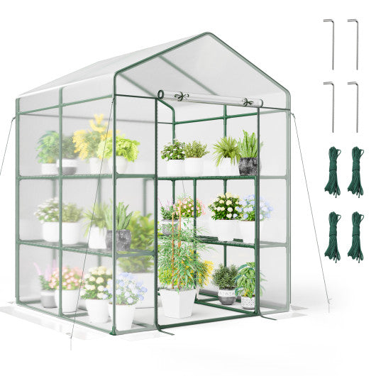 Walk-in Greenhouse with 3 Tiers 8 Shelves PVC Cover Roll-up Zippered Door