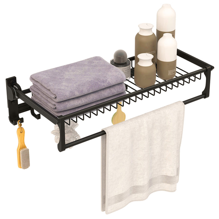 Wall Mounted Towel Shelf with Adjustable Towel Bar and Movable Hooks No Assembly Required