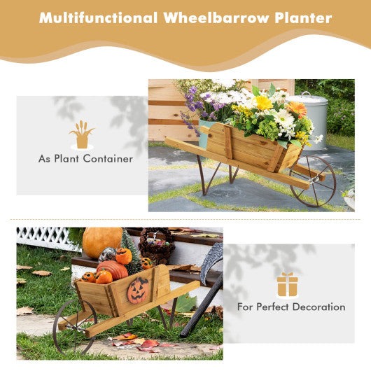 Wooden Wagon Planter with 9 Magnetic Accessories for Garden Yard-Walnut