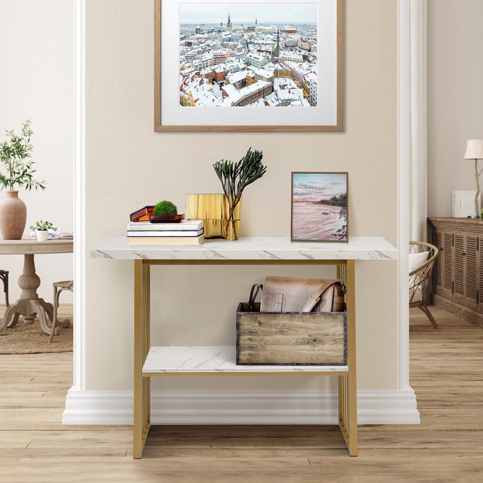 48 Inch 2-Tier Console Table with Gold Finished Frame-White